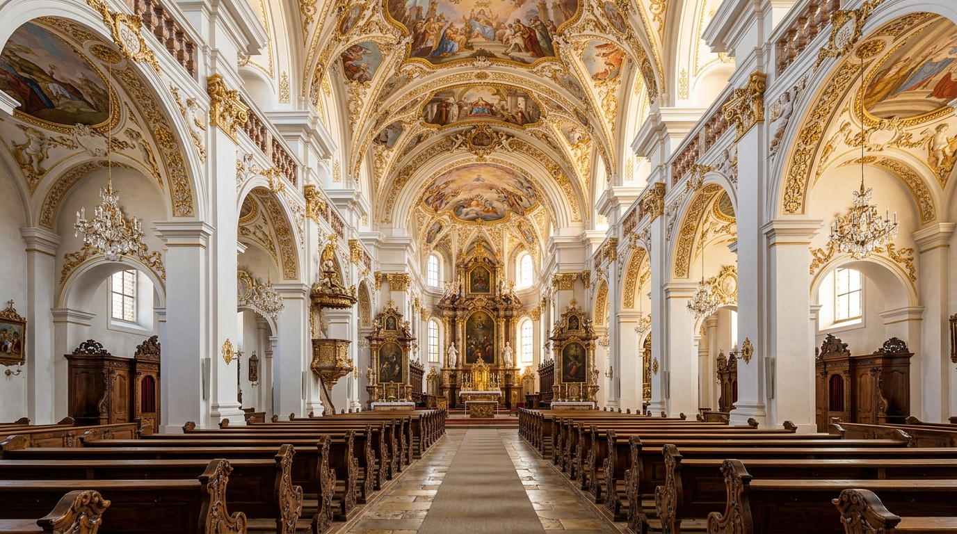 Kirchenschiff und Deckenfresken Barockbasilika Attel