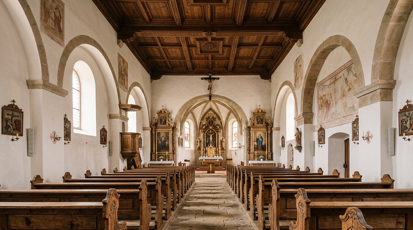Kirchenschiff und Holzdecke St. Peter Rieden